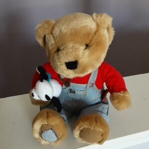 Adorable Tan Teddy Bear with Red Shirt and Panda Toy